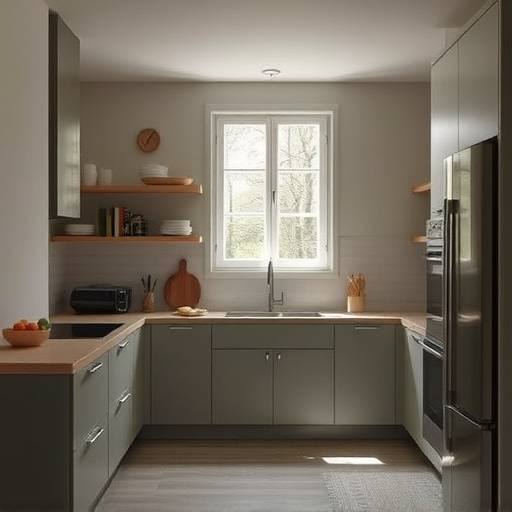 A minimalist kitchen with soft lighting and muted colors, demonstrating sensory reduction principles