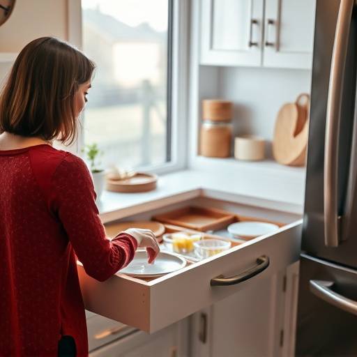 A person mindfully cleaning and organizing a kitchen drawer, showing a monthly refinement routine