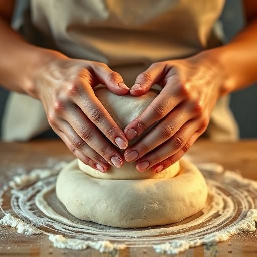 Close-up of hands kneading dough in a quiet, warmly lit kitchen, capturing the essence of mindful baking.